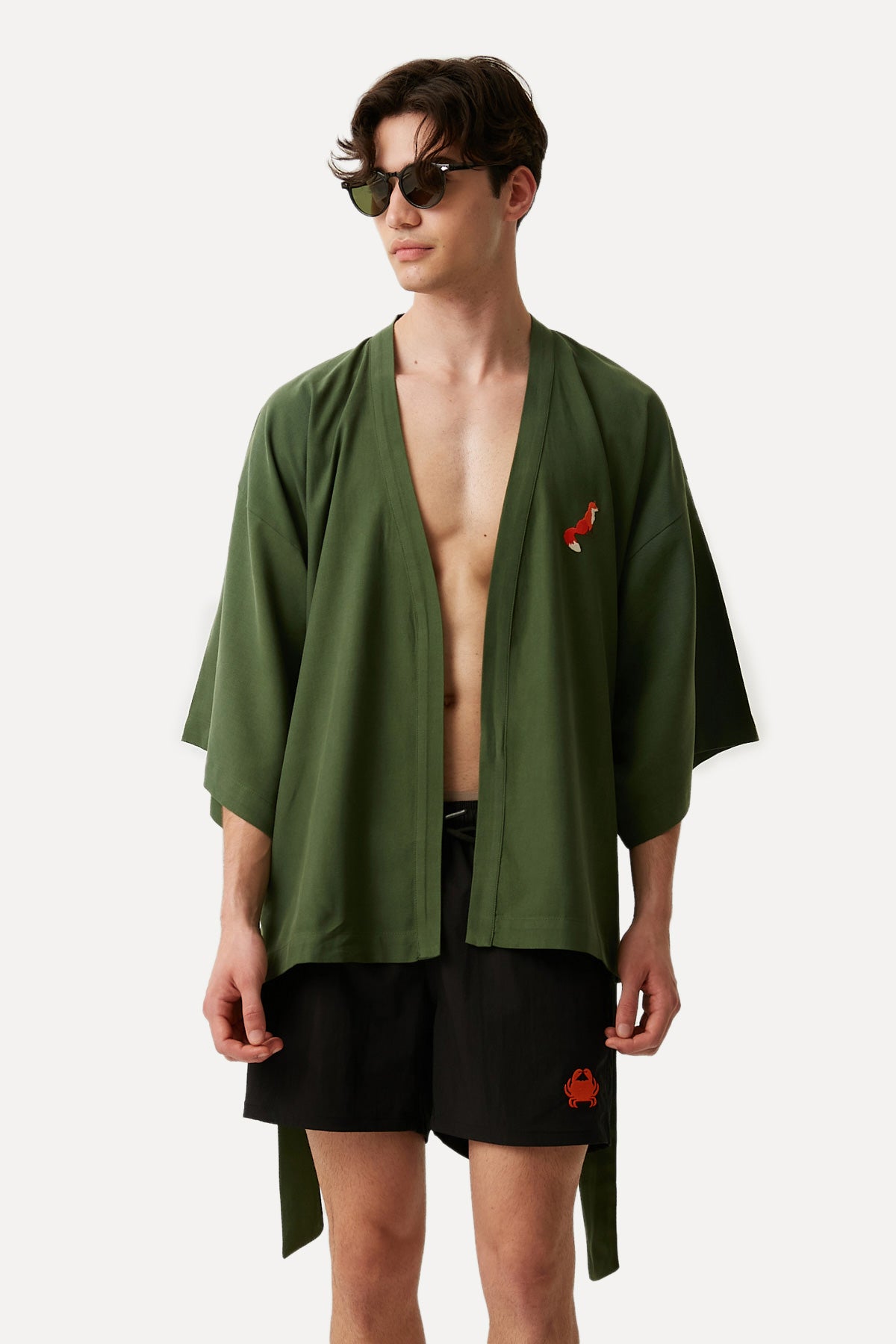 Kızıl Tilki Kısa Kollu Tencel Kimono - Haki