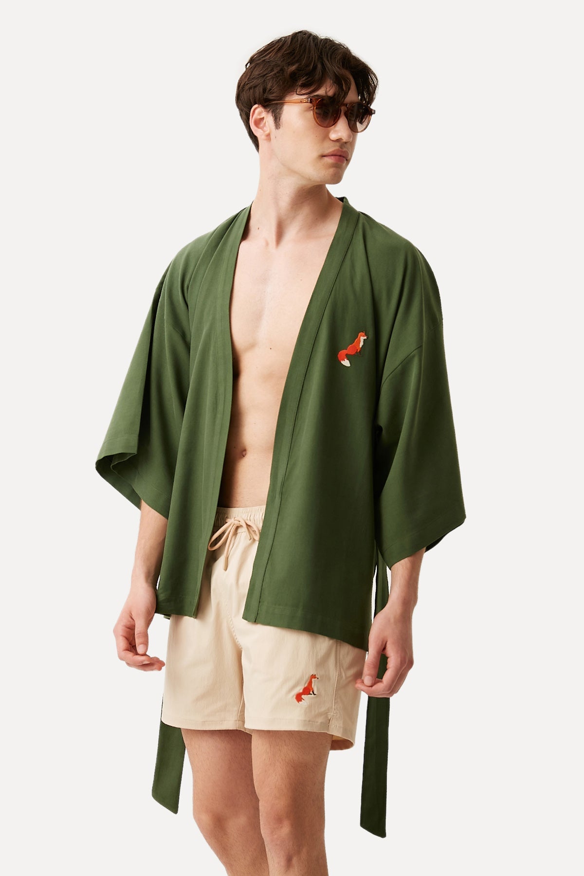 Kızıl Tilki Kısa Kollu Tencel Kimono - Haki