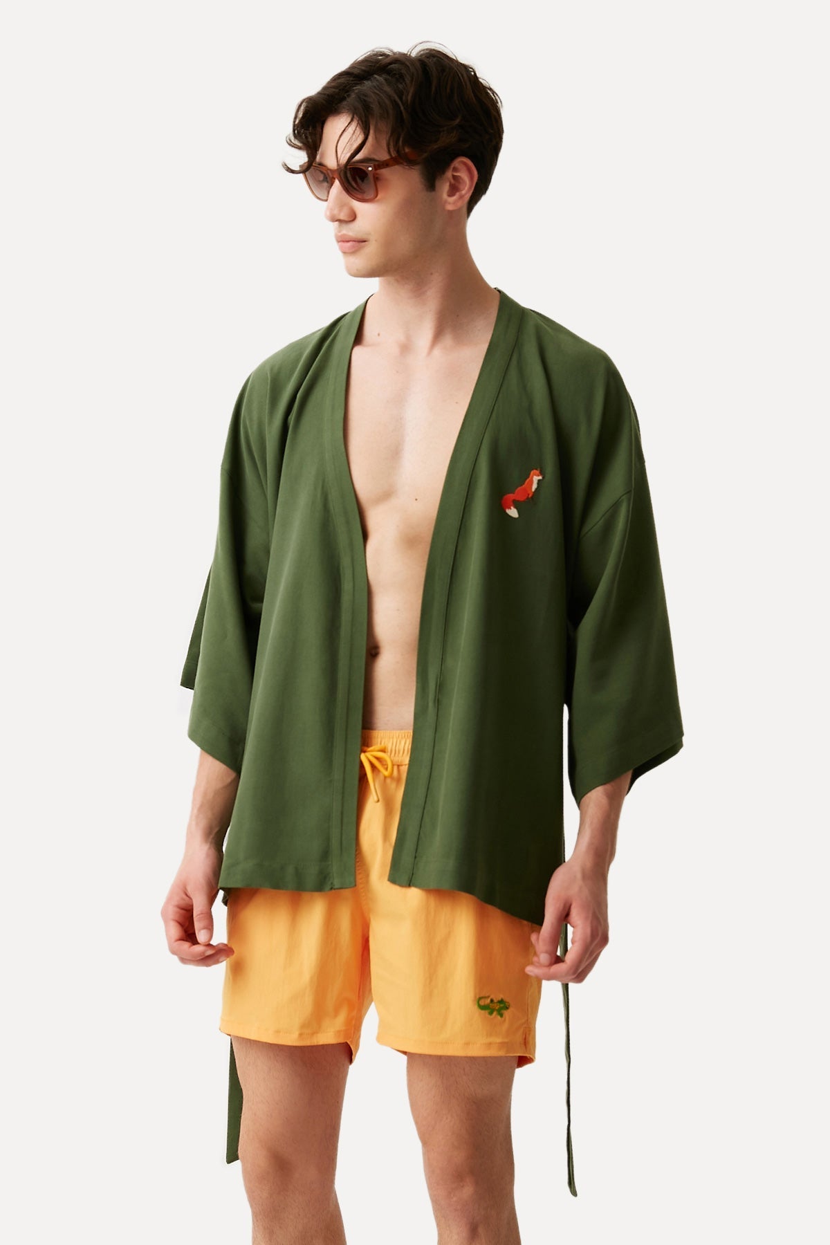 Kızıl Tilki Kısa Kollu Tencel Kimono - Haki
