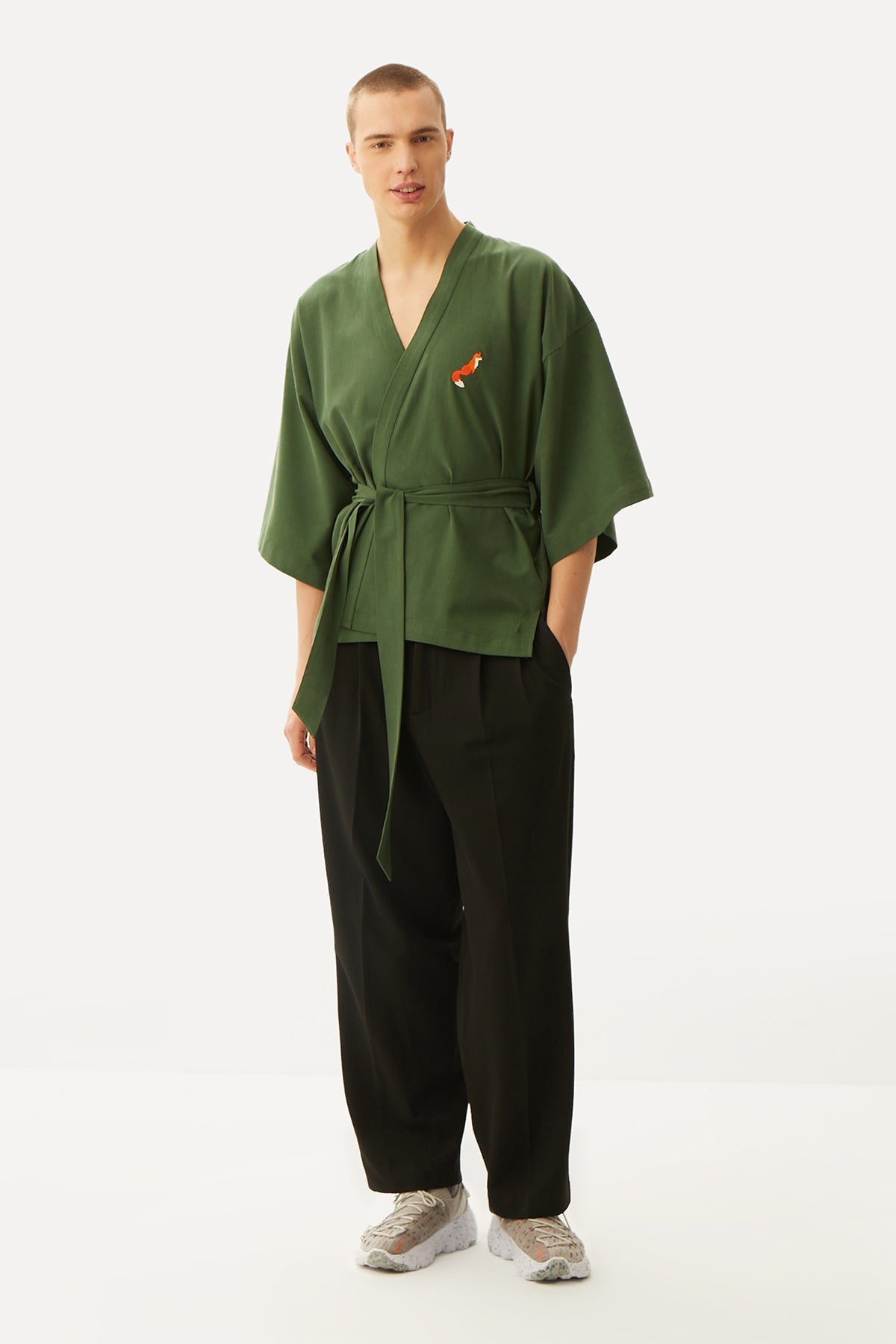 Kızıl Tilki Kısa Kollu Tencel Kimono - Haki