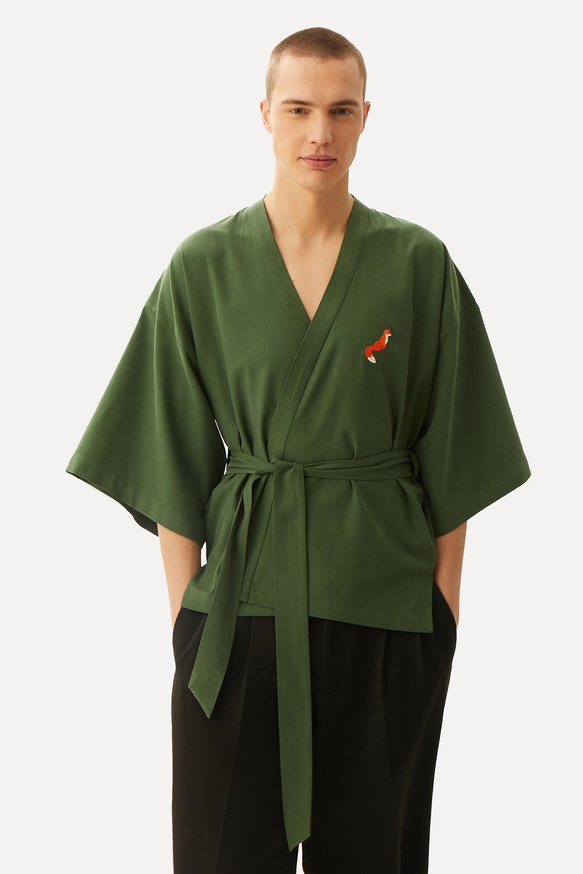 Kızıl Tilki Kısa Kollu Tencel Kimono - Haki