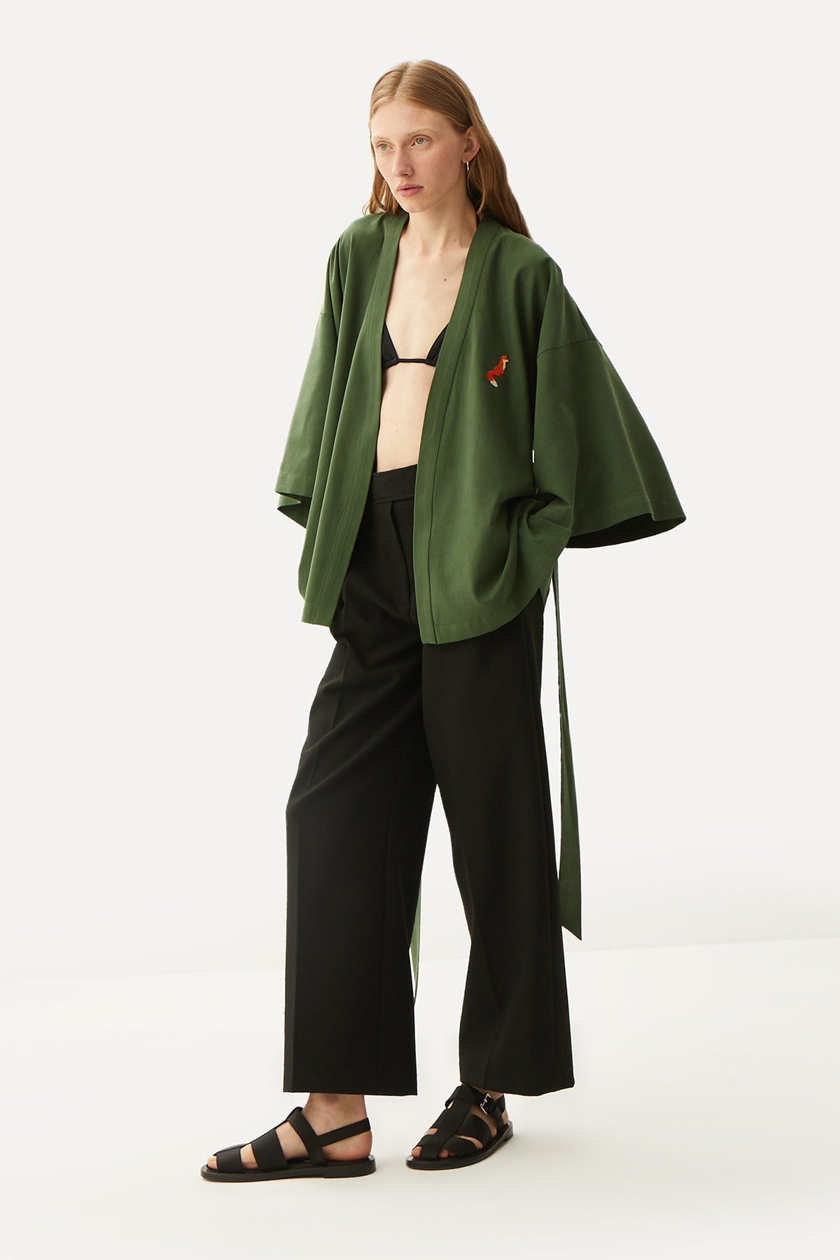 Kızıl Tilki Kısa Kollu Tencel Kimono - Haki