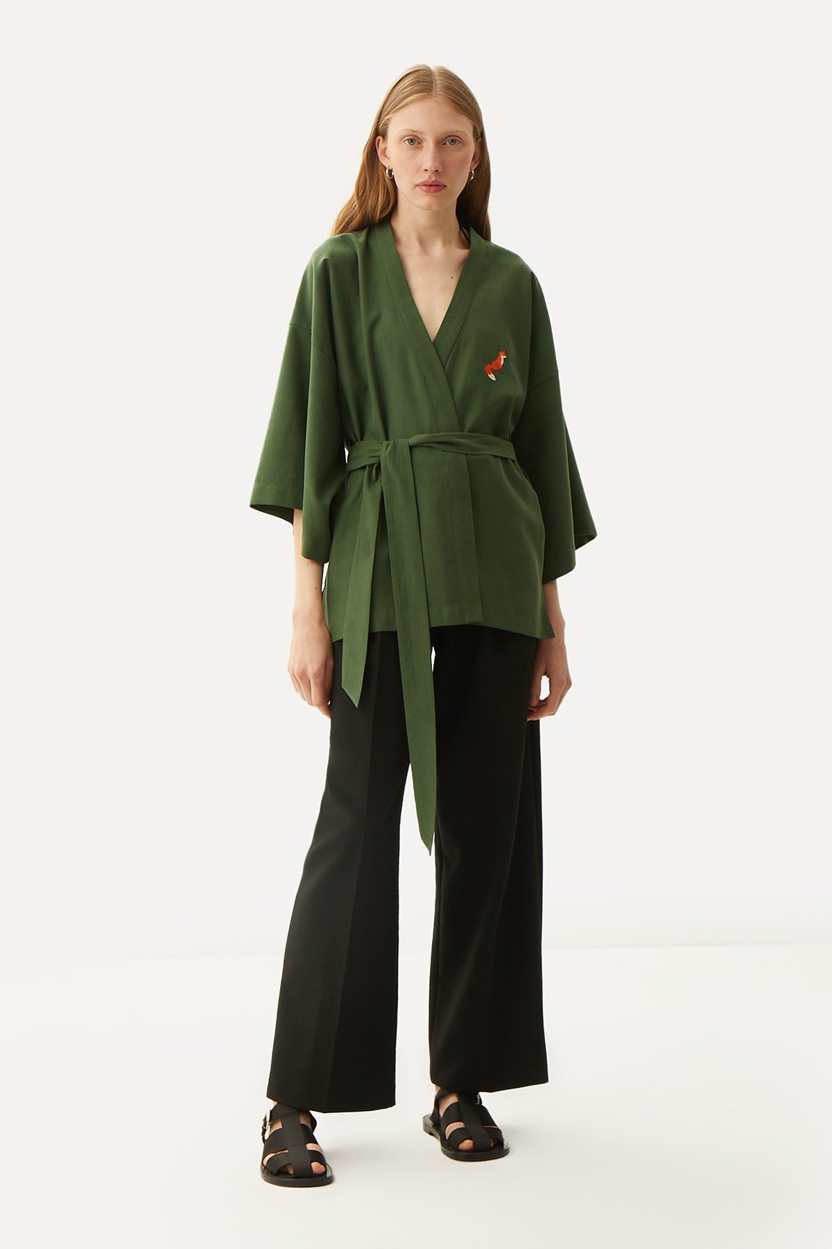 Kızıl Tilki Kısa Kollu Tencel Kimono - Haki