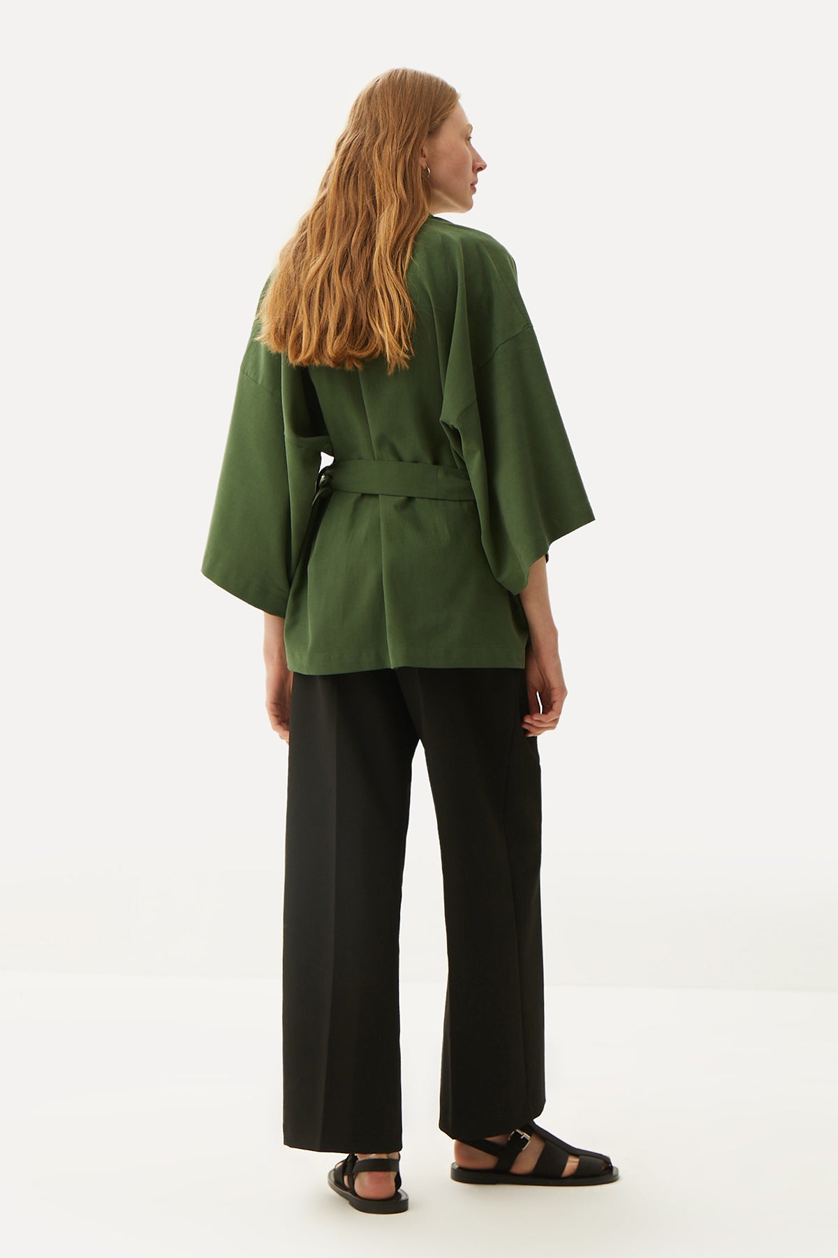 Kızıl Tilki Kısa Kollu Tencel Kimono - Haki