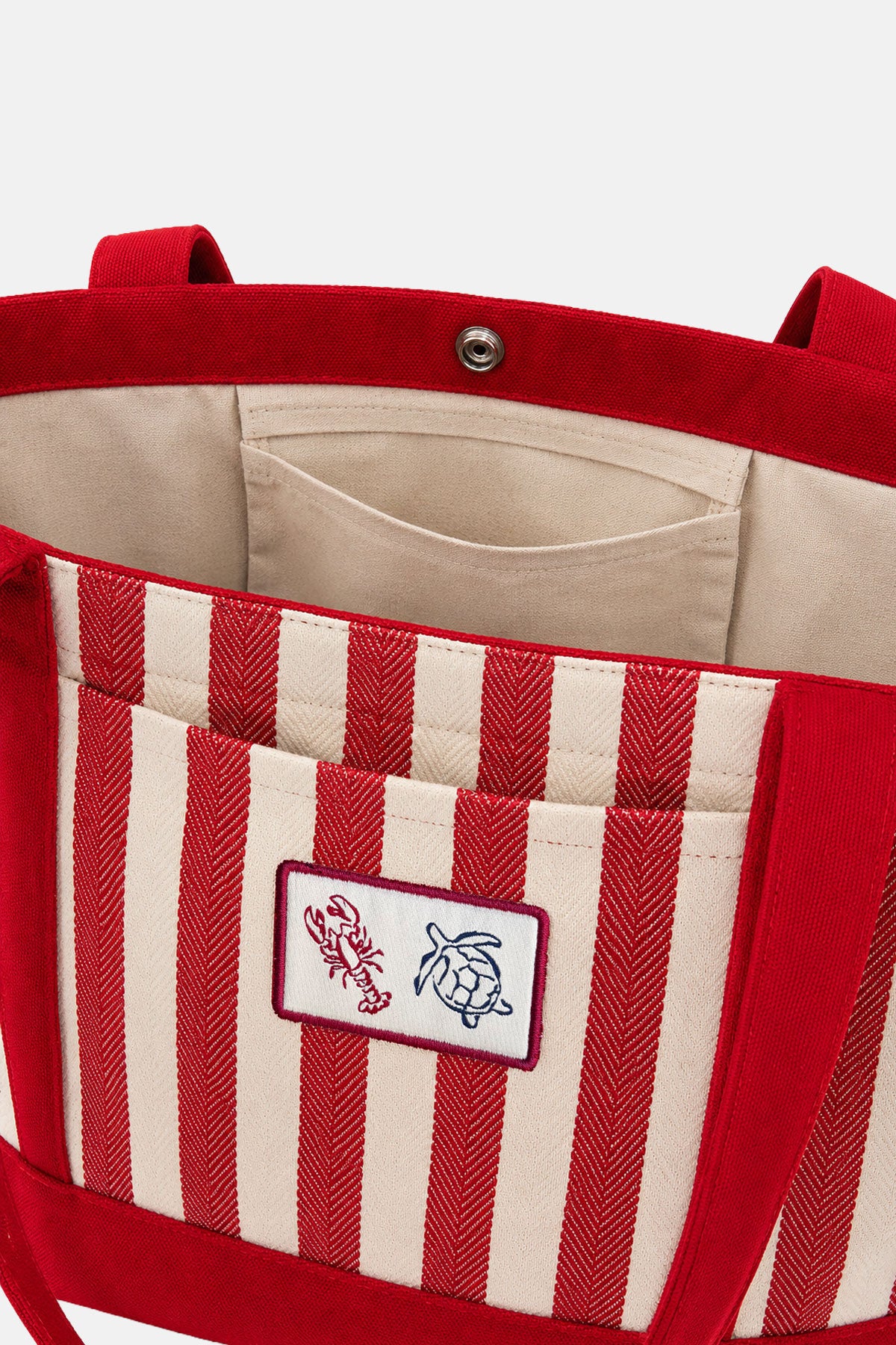 Resort Harringbone Çizgili Kanvas Tote Çanta - Kırmızı