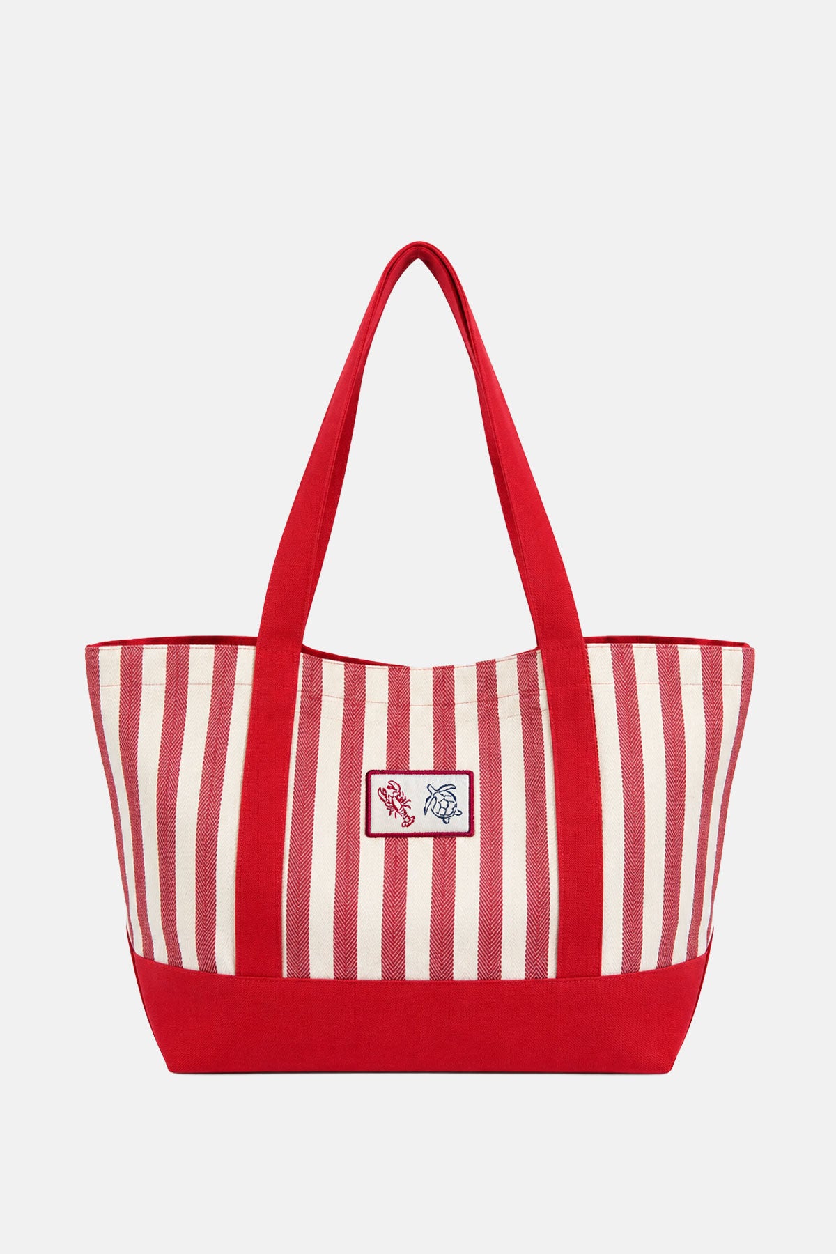 Resort Harringbone Çizgili Kanvas Tote Çanta - Kırmızı