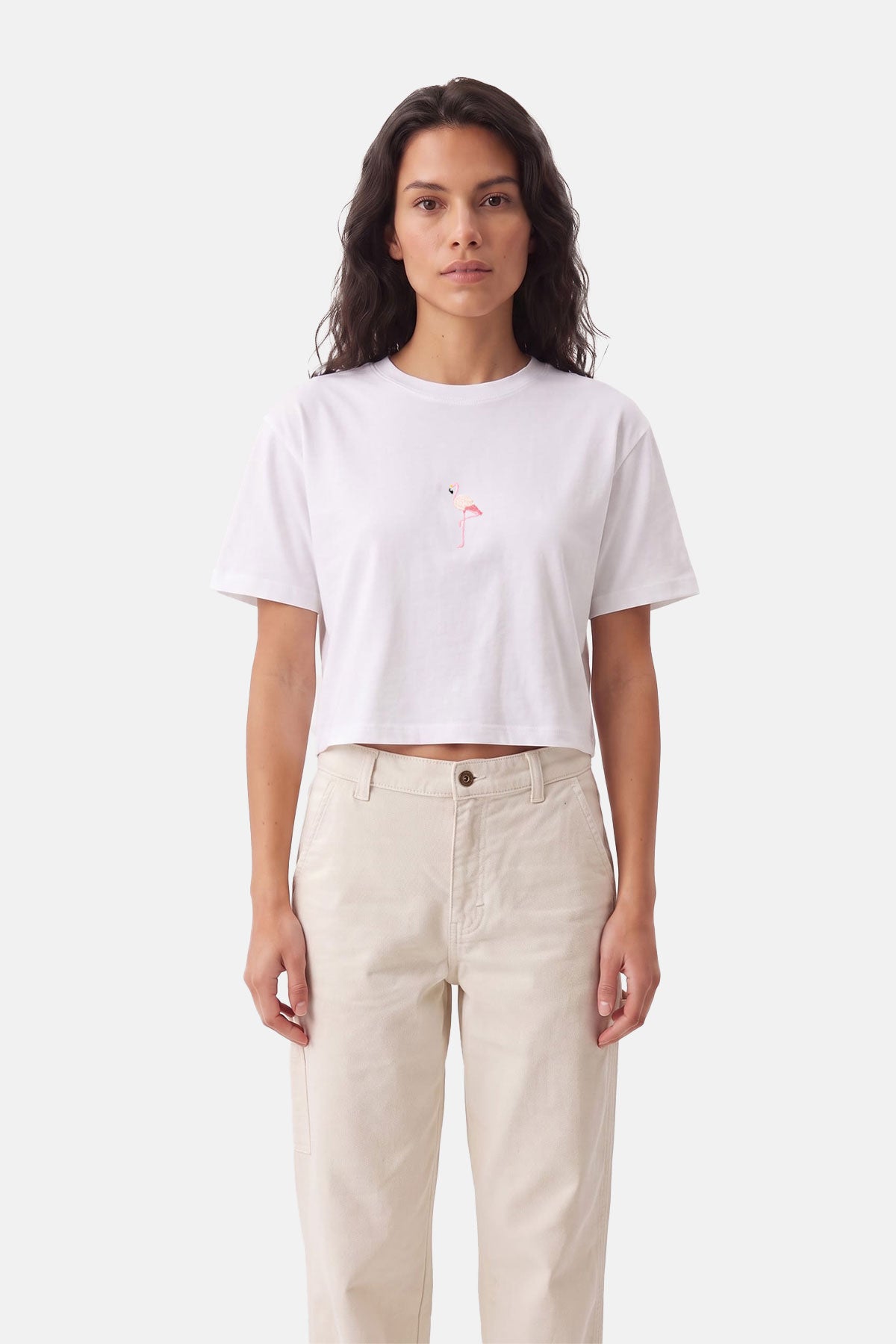 Flamingo Premium Crop T-Shirt - Beyaz