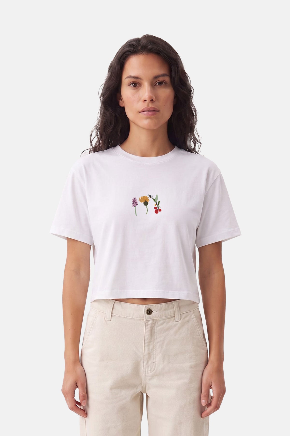 Flowers Premium Crop T-Shirt - Beyaz
